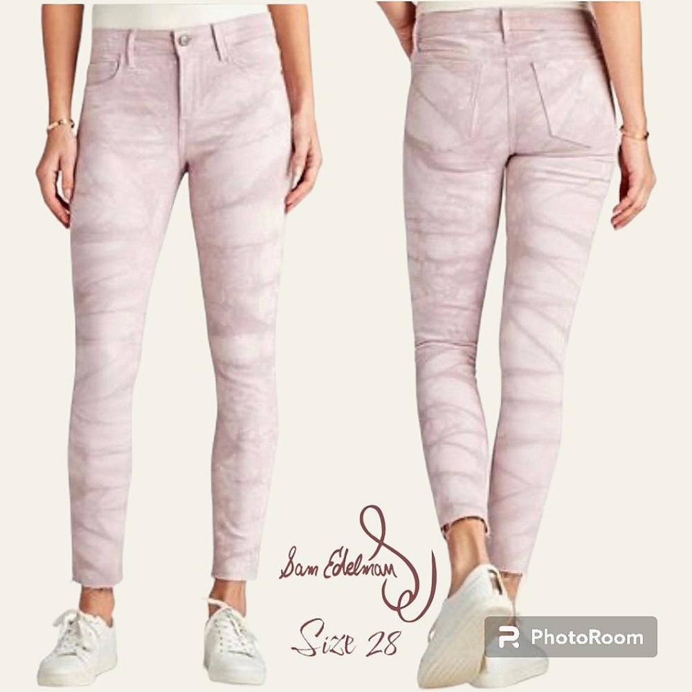 Sam Edelman The Kitten Mauve Blush Tie Dye Denim Skinny Ankle Jeans Raw Womens